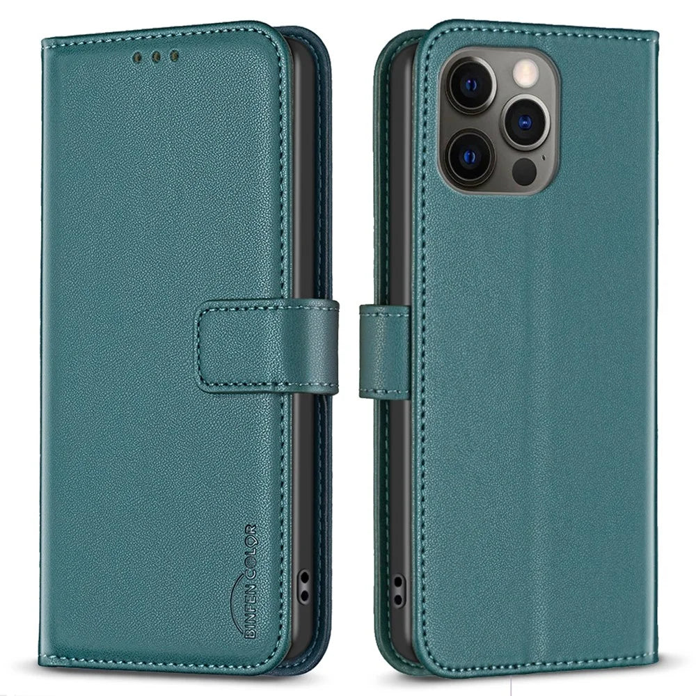 BINFEN COLOR BF17 Wallet Case for iPhone 12 / 12 Pro 6.1 inch , PU Leather Stand Folio Phone Cover - Green - 1