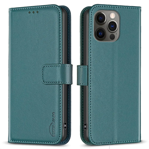 BINFEN COLOR BF17 Wallet Case for iPhone 12 / 12 Pro 6.1 inch , PU Leather Stand Folio Phone Cover - Green - 1