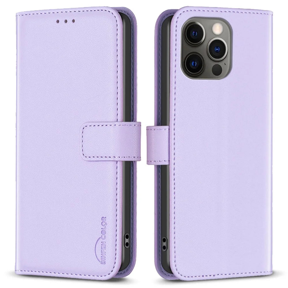 BINFEN COLOR BF17 For iPhone 12 Pro Max 6.7 inch Flip Leather Cover Wallet Stand Magnetic Phone Case - Purple - 1