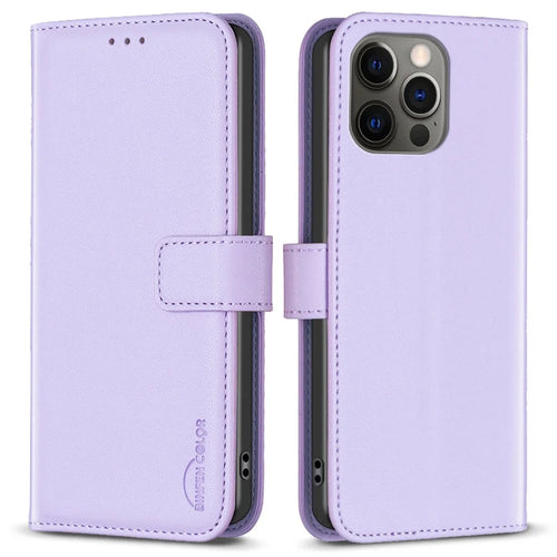 BINFEN COLOR BF17 For iPhone 12 Pro Max 6.7 inch Flip Leather Cover Wallet Stand Magnetic Phone Case - Purple - 1