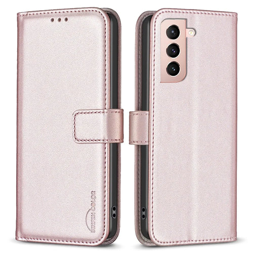 BINFEN COLOR BF17 For Samsung Galaxy S21 4G / 5G PU Leather Folio Cover Stand Wallet Flip Phone Case - Rose Gold - 1