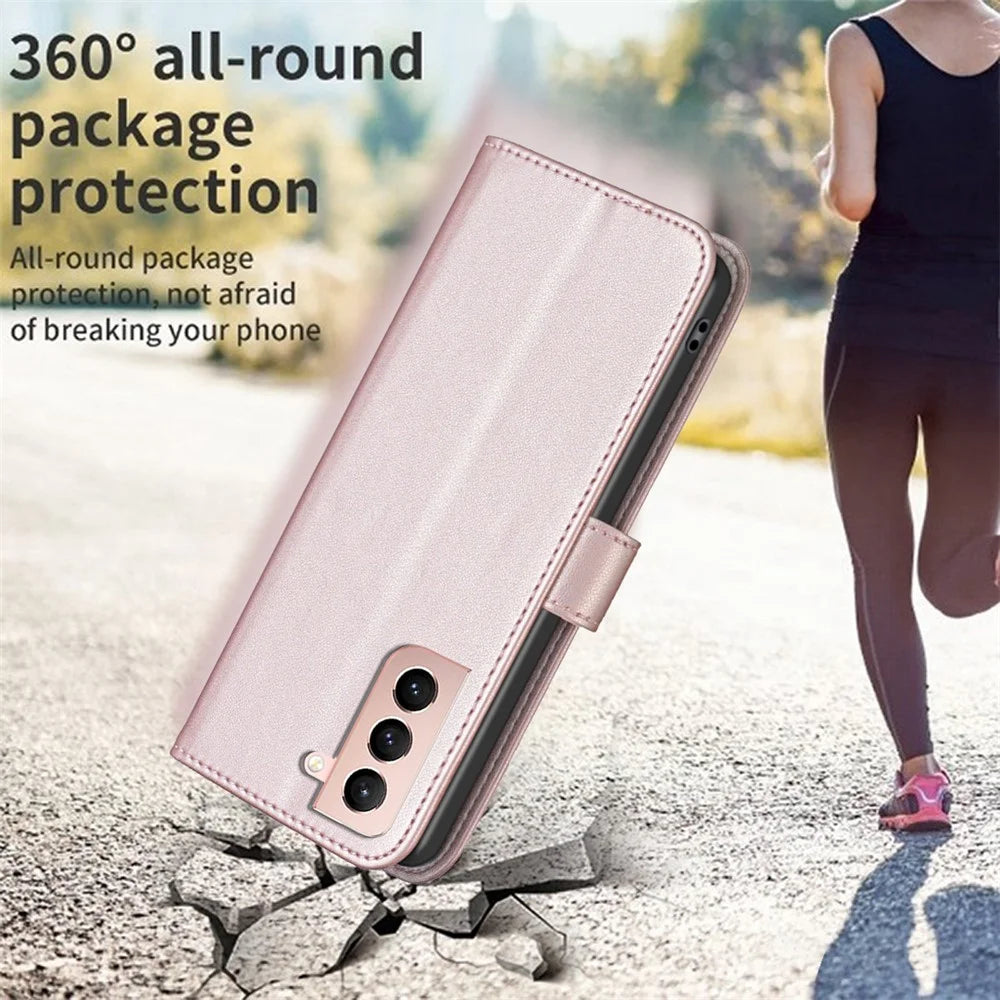 BINFEN COLOR BF17 For Samsung Galaxy S21 4G / 5G PU Leather Folio Cover Stand Wallet Flip Phone Case - Rose Gold - 5