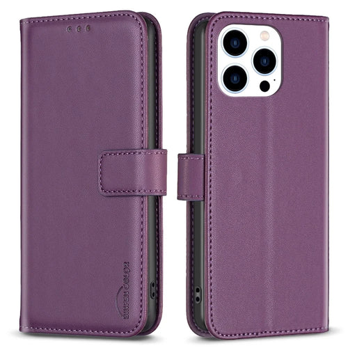 BINFEN COLOR BF17 For iPhone 14 Pro Max PU Leather Flip Wallet Case Folding Stand Phone Cover - Dark Purple - 1