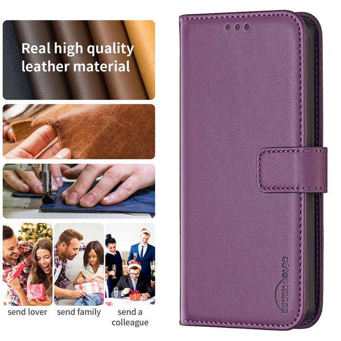 BINFEN COLOR BF17 For iPhone 14 Pro Max PU Leather Flip Wallet Case Folding Stand Phone Cover - Dark Purple - 4
