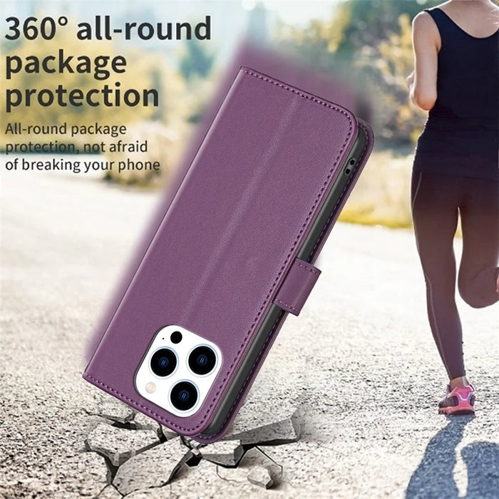 BINFEN COLOR BF17 For iPhone 14 Pro Max PU Leather Flip Wallet Case Folding Stand Phone Cover - Dark Purple - 5