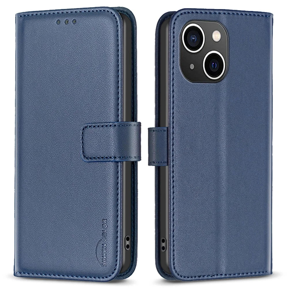 BINFEN COLOR BF17 For iPhone 13 / 14 Anti-Scratch Wallet Leather Phone Cover Stand Magnetic Closure Phone Case - Blue - 1
