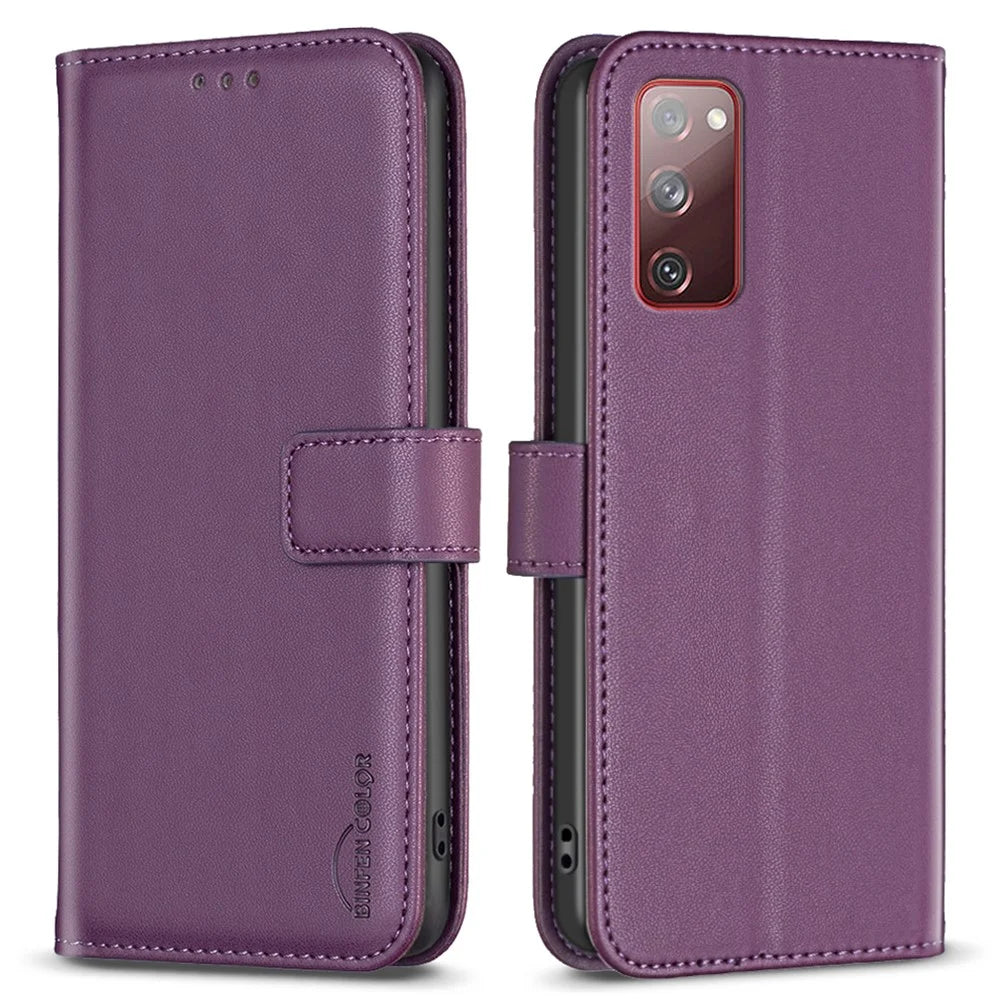 BINFEN COLOR BF17 For Samsung Galaxy S20 FE 5G / S20 FE / S20 FE 2022 / S20 Lite PU Leather Phone Cover Stand Wallet Case - Dark Purple - 1