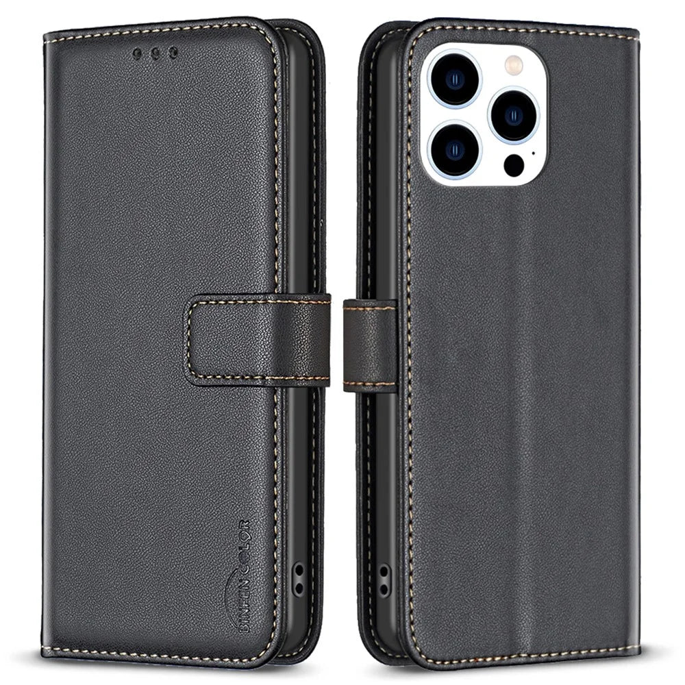 BINFEN COLOR BF17 For iPhone 13 Pro Anti-Fingerprint Wallet Leather Phone Cover Stand Magnetic Closure Phone Case - Black - 1