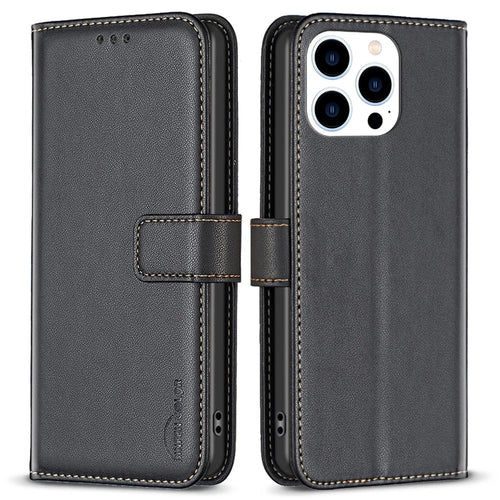 BINFEN COLOR BF17 For iPhone 13 Pro Anti-Fingerprint Wallet Leather Phone Cover Stand Magnetic Closure Phone Case - Black - 1