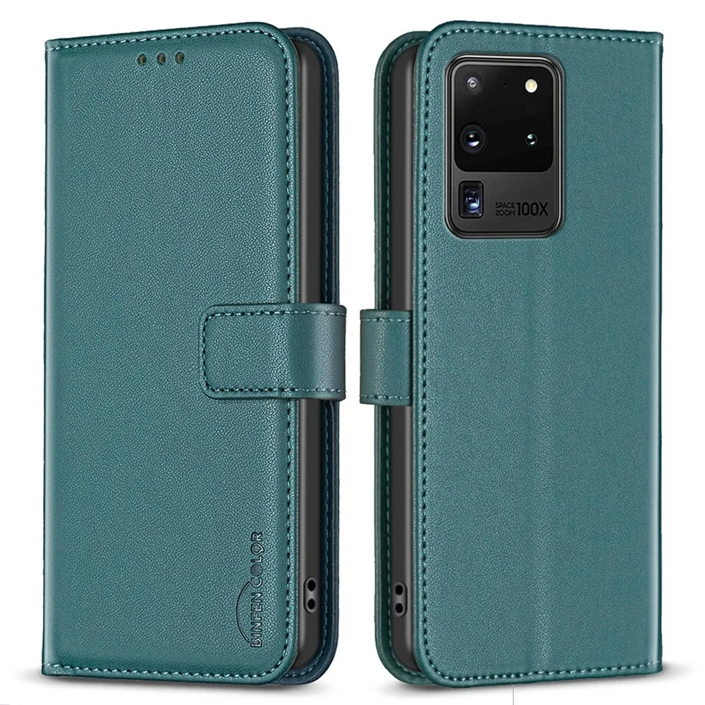 BINFEN COLOR BF17 TPU+PU Leather Phone Cover for Samsung Galaxy S20 Ultra Stand Magnetic Phone Case Wallet - Green - 1