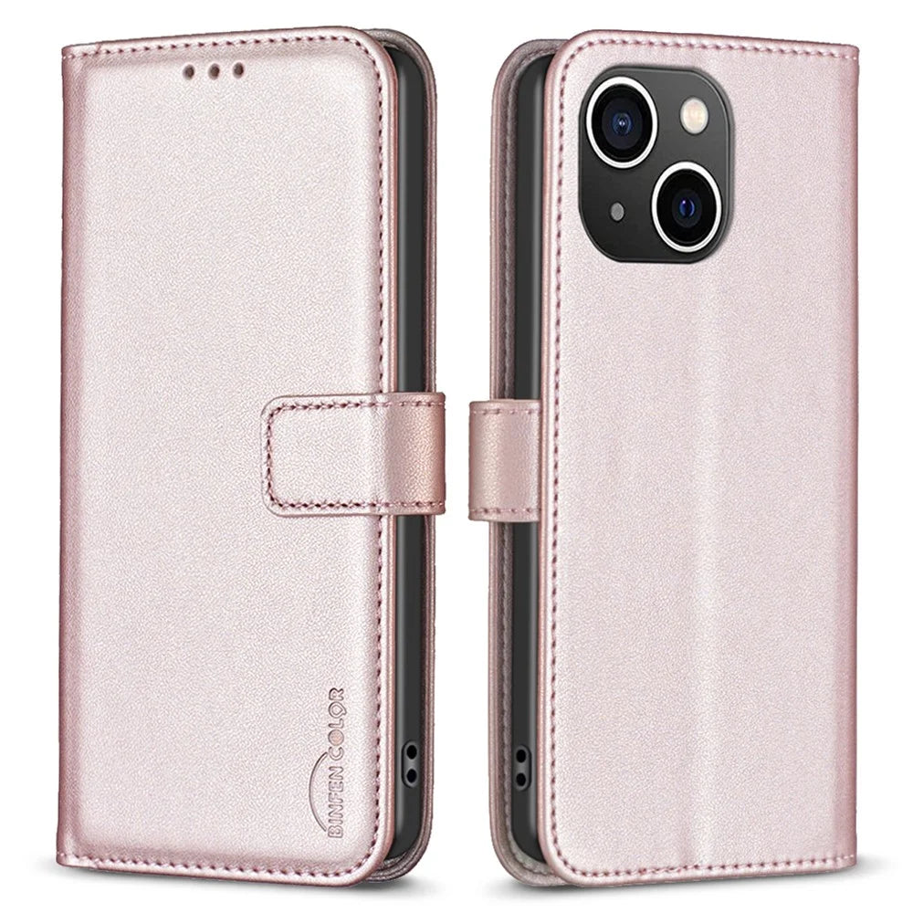 BINFEN COLOR BF17 Phone Stand Cover for iPhone 14 Plus Wallet Magnetic Closure Leather Phone Case - Rose Gold - 1