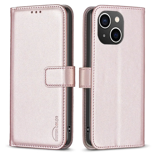 BINFEN COLOR BF17 Phone Stand Cover for iPhone 14 Plus Wallet Magnetic Closure Leather Phone Case - Rose Gold - 1