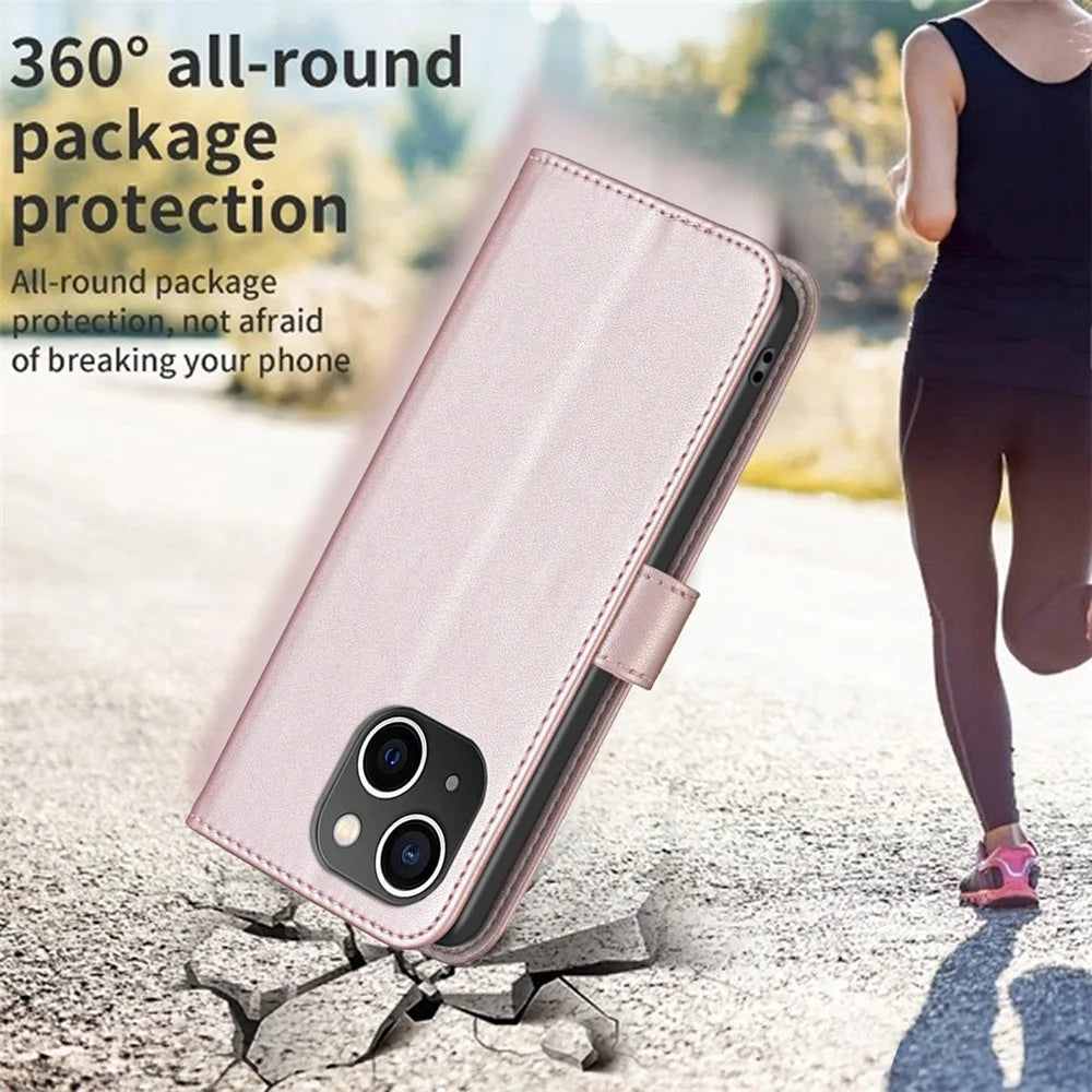 BINFEN COLOR BF17 Phone Stand Cover for iPhone 14 Plus Wallet Magnetic Closure Leather Phone Case - Rose Gold - 5