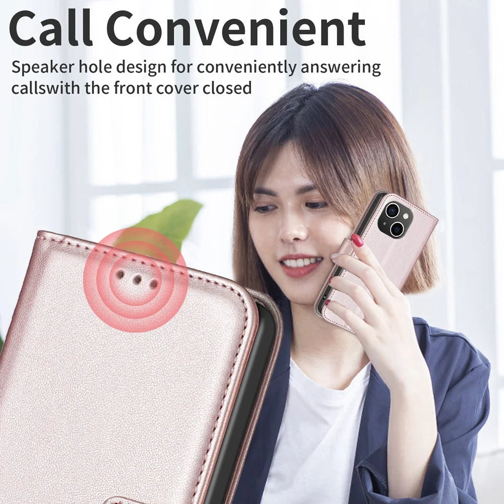 BINFEN COLOR BF17 Phone Stand Cover for iPhone 14 Plus Wallet Magnetic Closure Leather Phone Case - Rose Gold - 6