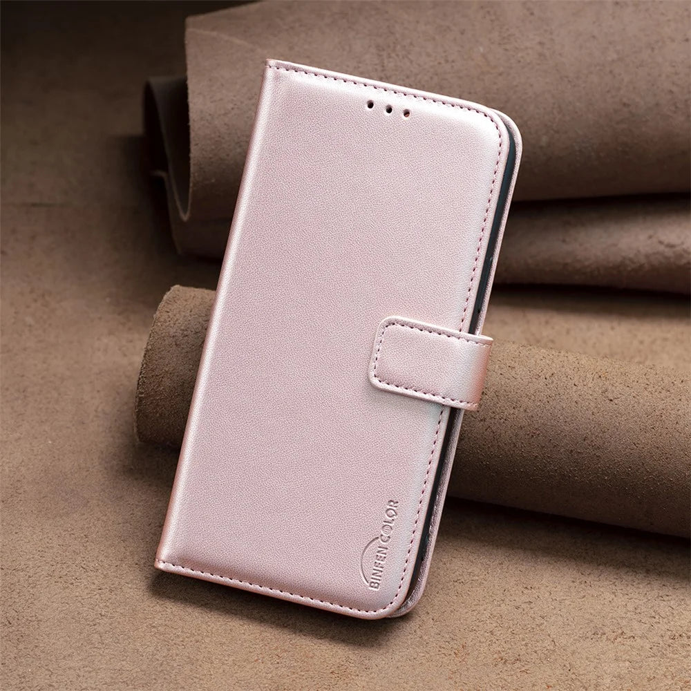 BINFEN COLOR BF17 Phone Stand Cover for iPhone 14 Plus Wallet Magnetic Closure Leather Phone Case - Rose Gold - 7