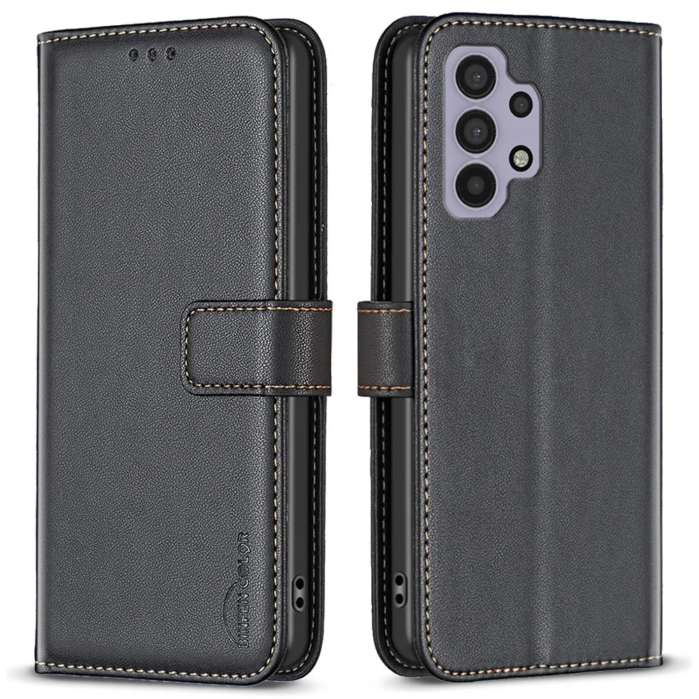 BINFEN COLOR BF17 For Samsung Galaxy A32 5G / M32 5G Phone Cover PU Leather Stand Wallet Case - Black - 1