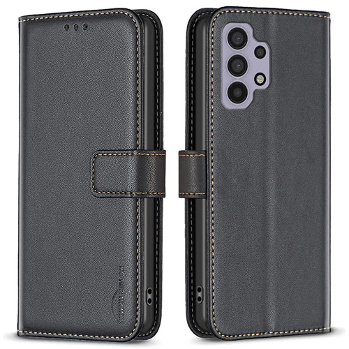 BINFEN COLOR BF17 For Samsung Galaxy A32 5G / M32 5G Phone Cover PU Leather Stand Wallet Case - Black - 1