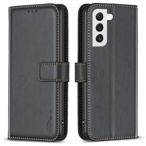 BINFEN COLOR BF17 For Samsung Galaxy S21 FE 5G Leather Phone Case Stand Wallet Smartphone Cover - Black - 1