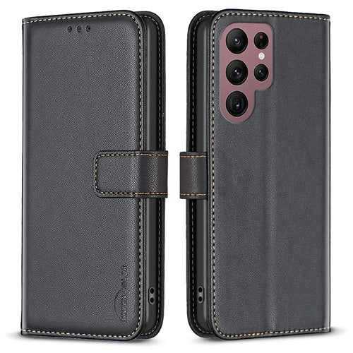 BINFEN COLOR BF17 For Samsung Galaxy S22 Ultra 5G Phone Leather Case Smartphone Cover with Stand Wallet - Black - 1
