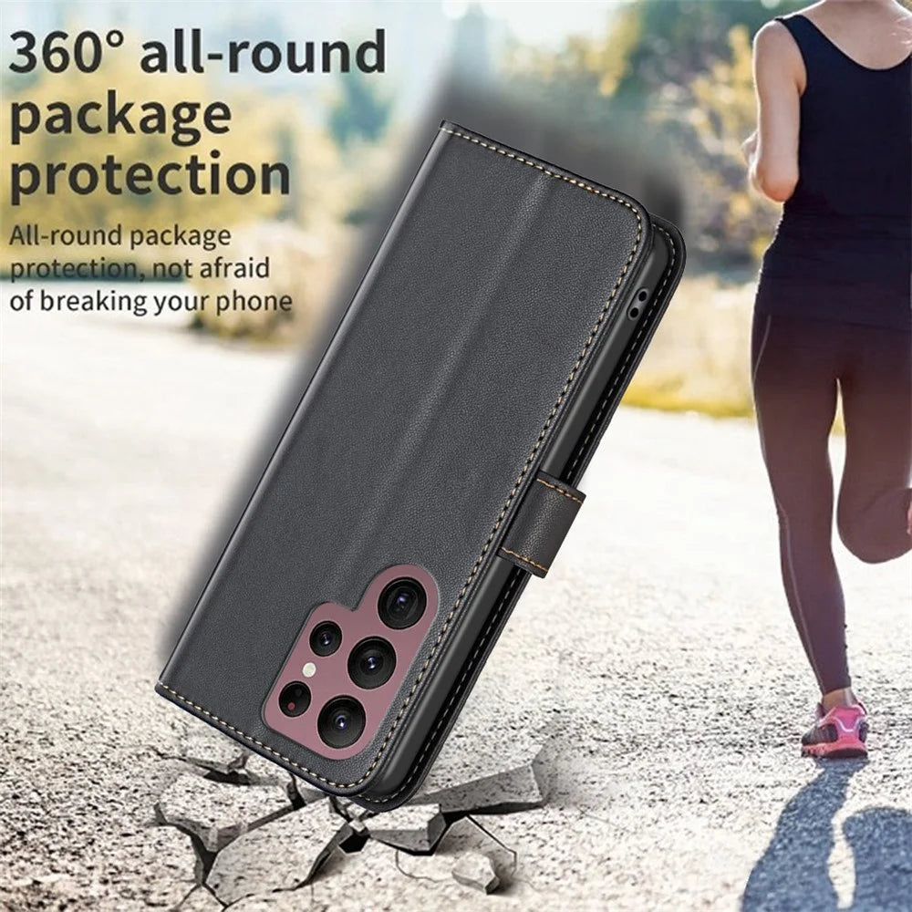 BINFEN COLOR BF17 For Samsung Galaxy S22 Ultra 5G Phone Leather Case Smartphone Cover with Stand Wallet - Black - 5