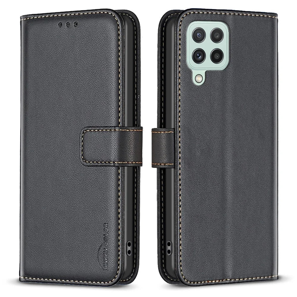 BINFEN COLOR BF17 For Samsung Galaxy A22 4G (EU Version) Wallet Phone Cover PU Leather Stand Case - Black - 1