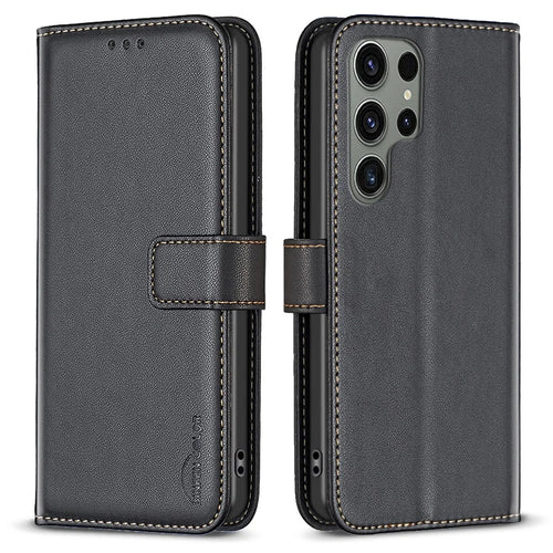 BINFEN COLOR BF17 For Samsung Galaxy S23 Ultra Phone Cover PU Leather Phone Case with Stand Wallet - Black - 1