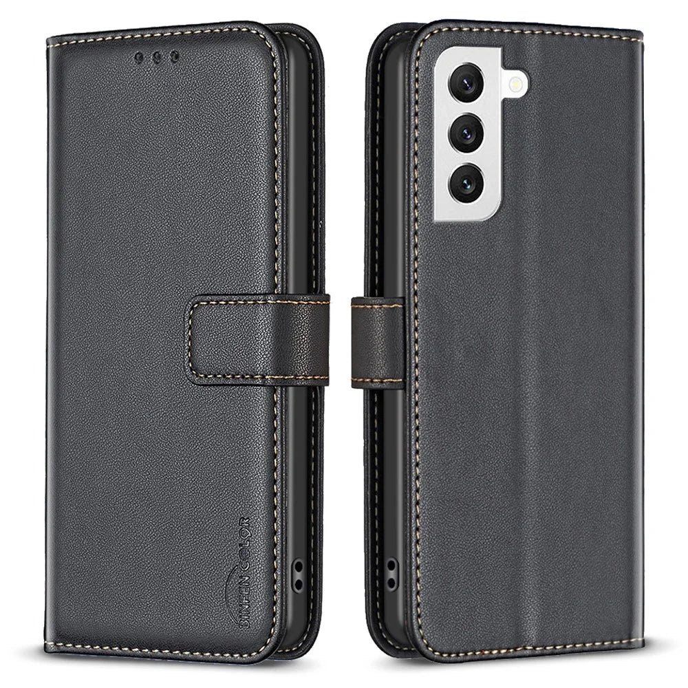 BINFEN COLOR BF17 Stand Phone Cover for Samsung Galaxy S22 5G Wallet PU Leather Cell Phone Case - Black - 1