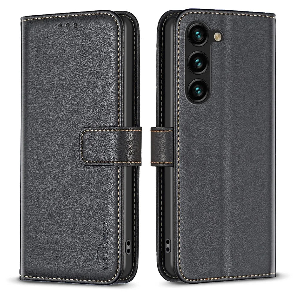 BINFEN COLOR BF17 For Samsung Galaxy S23+ Wallet Stand Phone Cover PU Leather Smartphone Case - Black - 1
