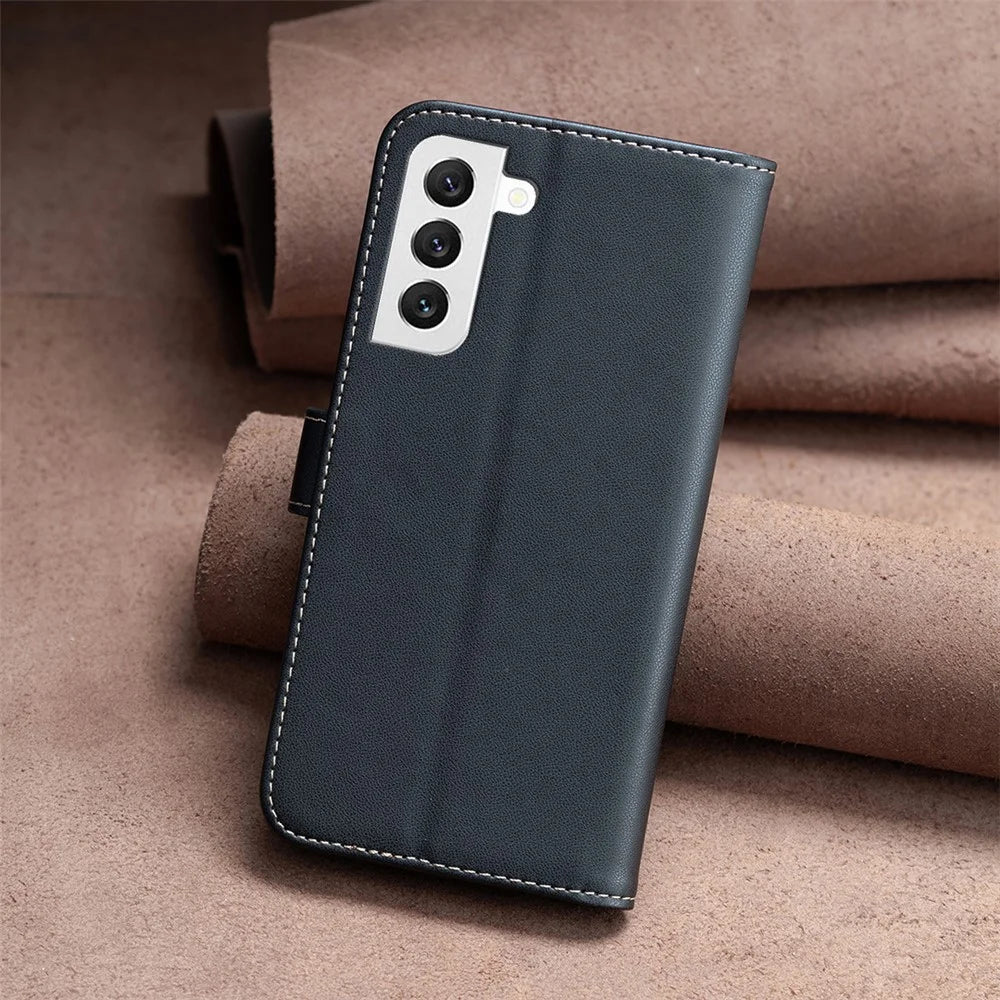 BINFEN COLOR BF17 For Samsung Galaxy S22+ 5G Phone Case Stand Wallet PU Leather Phone Cover - Black - 7