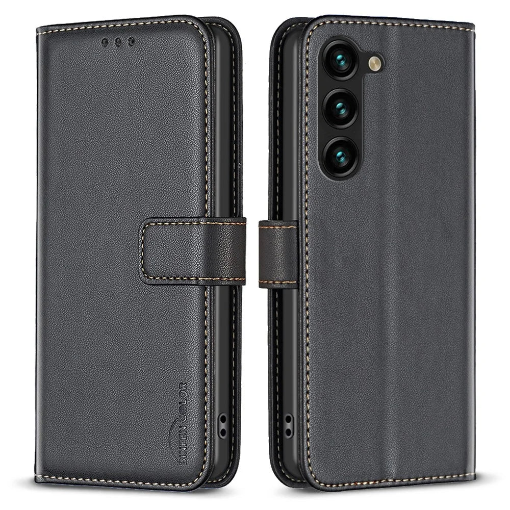 BINFEN COLOR BF17 For Samsung Galaxy S23 Leather Phone Case Anti-drop Stand Wallet Cover - Black - 1
