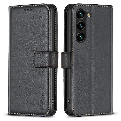 BINFEN COLOR BF17 For Samsung Galaxy S23 Leather Phone Case Anti-drop Stand Wallet Cover - Black - 1