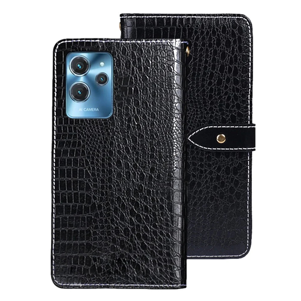 IDEWEI For Oukitel C32 Phone Case Wallet Stand PU Leather Crocodile Texture Smartphone Cover - Black - 1