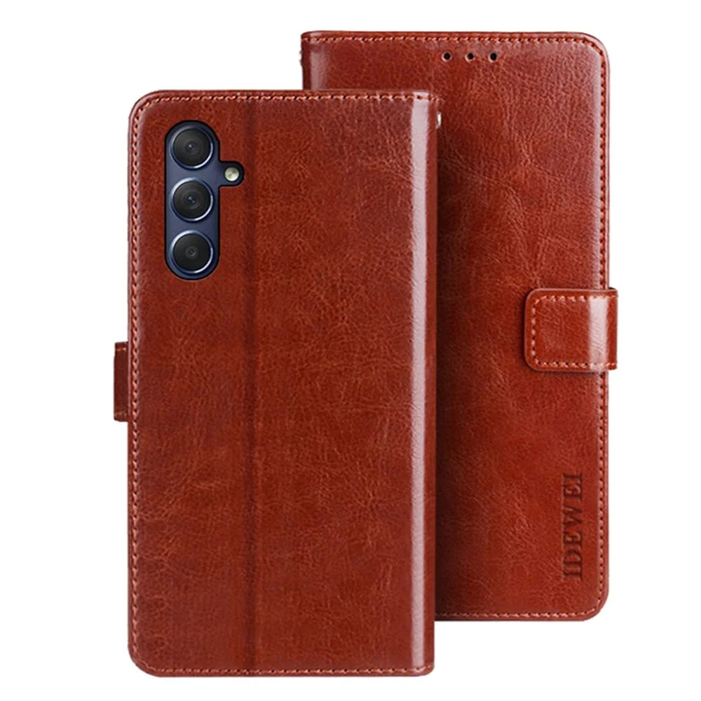 IDEWEI For Samsung Galaxy M54 5G / F54 5G Anti-Scratch Leather Phone Case Wallet Crazy Horse Texture Stand Phone Cover - Brown - 1