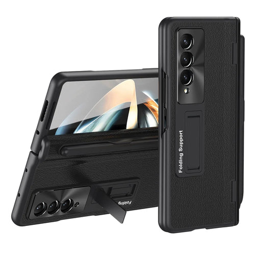 For Samsung Galaxy Z Fold3 5G Hinged Kickstand Case PU Leather + PC Phone Cover with Stylus and Tempered Glass Film - Black - 1