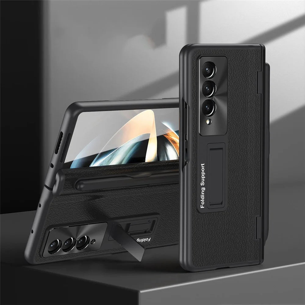 For Samsung Galaxy Z Fold3 5G Hinged Kickstand Case PU Leather + PC Phone Cover with Stylus and Tempered Glass Film - Black - 2