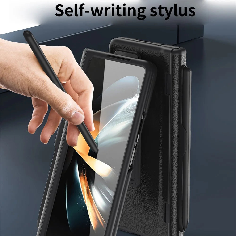 For Samsung Galaxy Z Fold3 5G Hinged Kickstand Case PU Leather + PC Phone Cover with Stylus and Tempered Glass Film - Black - 3