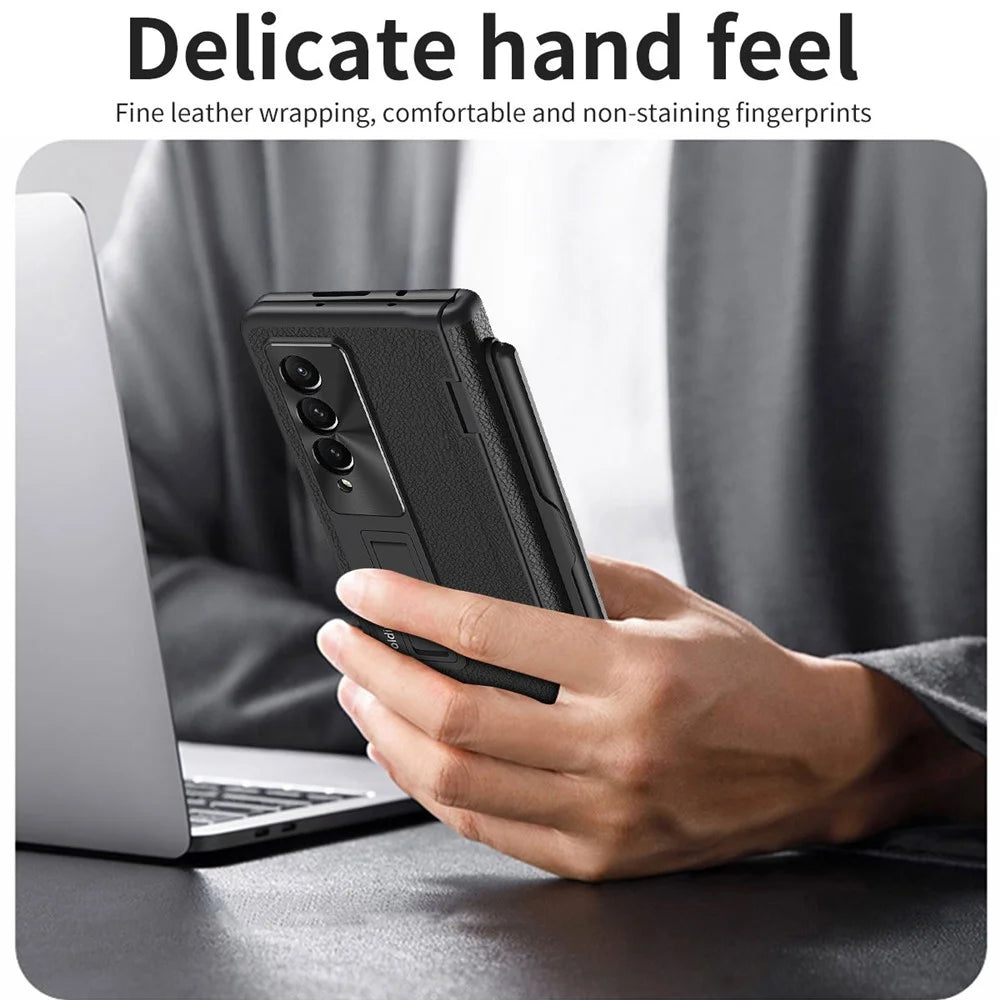 For Samsung Galaxy Z Fold3 5G Hinged Kickstand Case PU Leather + PC Phone Cover with Stylus and Tempered Glass Film - Black - 4