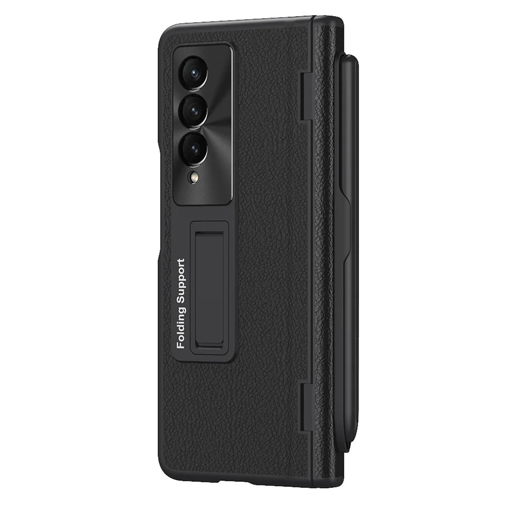 For Samsung Galaxy Z Fold3 5G Hinged Kickstand Case PU Leather + PC Phone Cover with Stylus and Tempered Glass Film - Black - 5