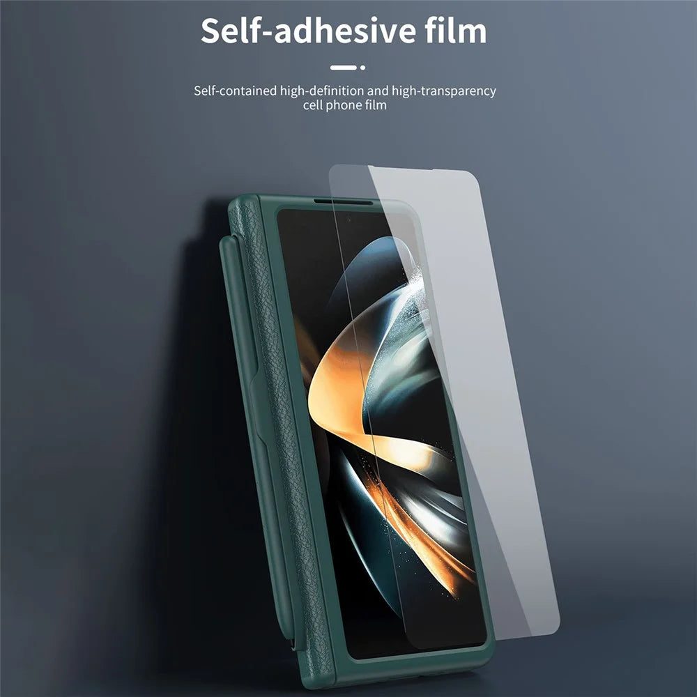 For Samsung Galaxy Z Fold3 5G Hinged Kickstand Case PU Leather + PC Phone Cover with Stylus and Tempered Glass Film - Black - 6
