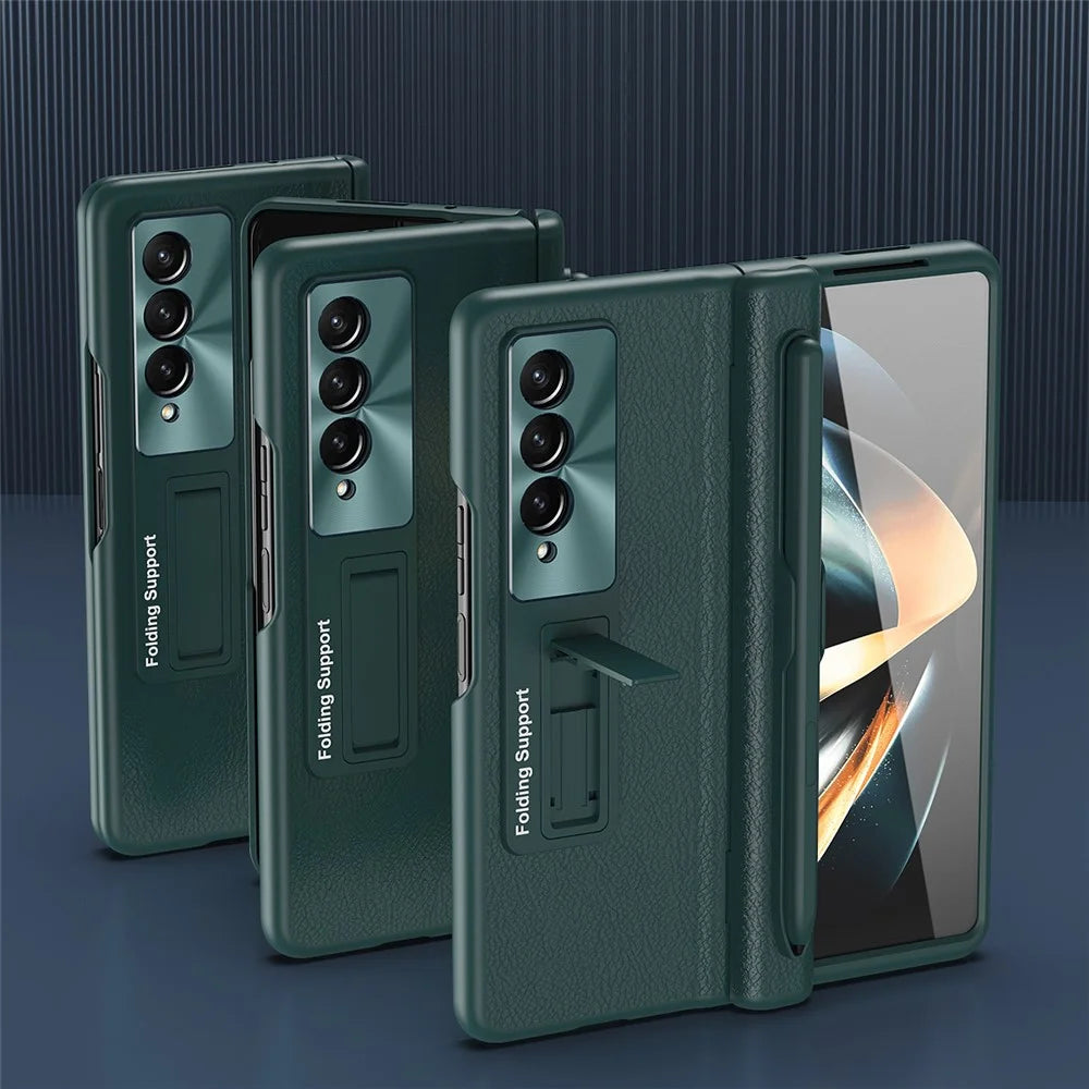 For Samsung Galaxy Z Fold3 5G Hinged Kickstand Case PU Leather + PC Phone Cover with Stylus and Tempered Glass Film - Black - 7