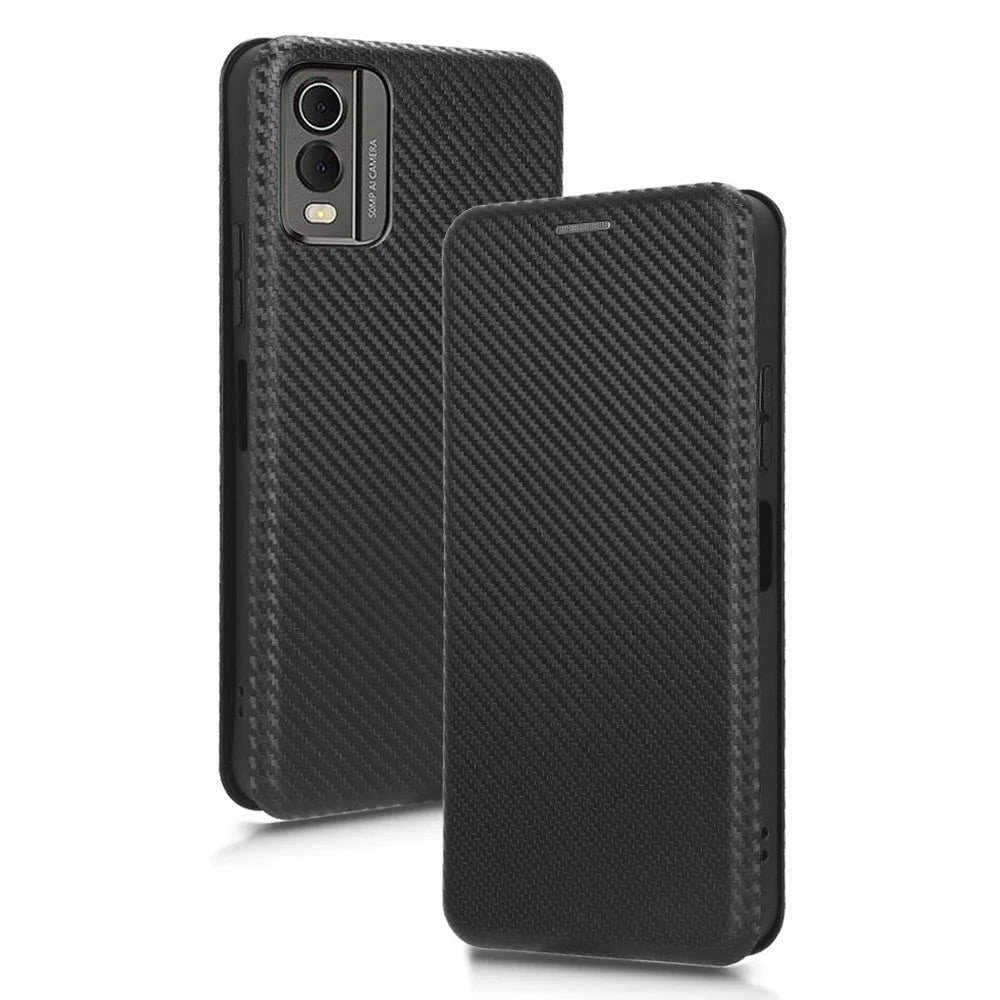 For Nokia C32 PU Leather Carbon Fiber Texture Cover Card Holder Stand Phone Case - Black - 1