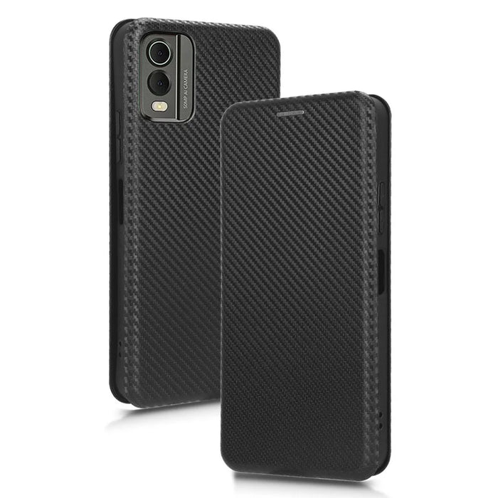 For Nokia C32 PU Leather Carbon Fiber Texture Cover Card Holder Stand Phone Case - Black - 1