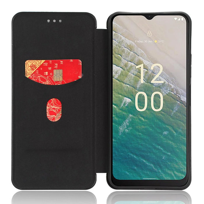 For Nokia C32 PU Leather Carbon Fiber Texture Cover Card Holder Stand Phone Case - Black - 2