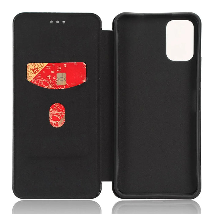 For Nokia C32 PU Leather Carbon Fiber Texture Cover Card Holder Stand Phone Case - Black - 6