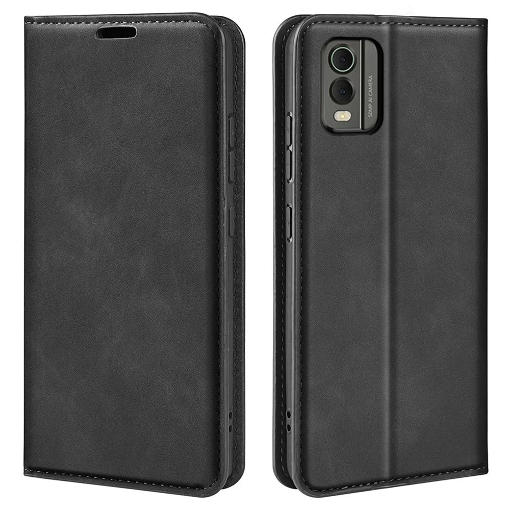 Flip Case for Nokia C32 PU Leather Wallet Skin-touch Foldable Stand Cellphone Cover - Black - 1