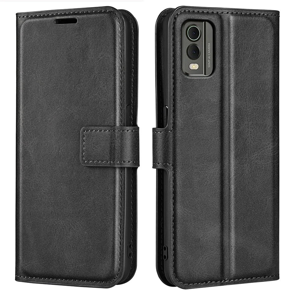 For Nokia C32 Stand Shell Wallet Square Magnetic Closure PU Leather Calf Texture Phone Case - Black - 1
