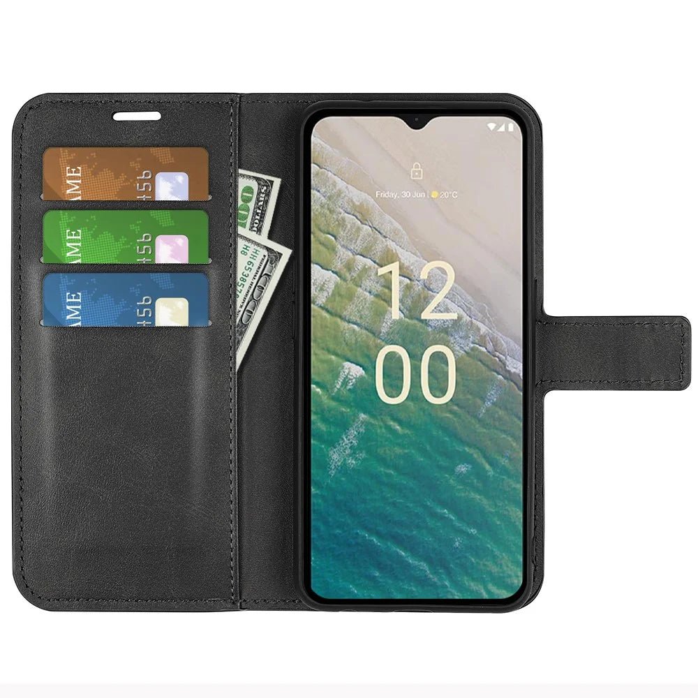 For Nokia C32 Stand Shell Wallet Square Magnetic Closure PU Leather Calf Texture Phone Case - Black - 2