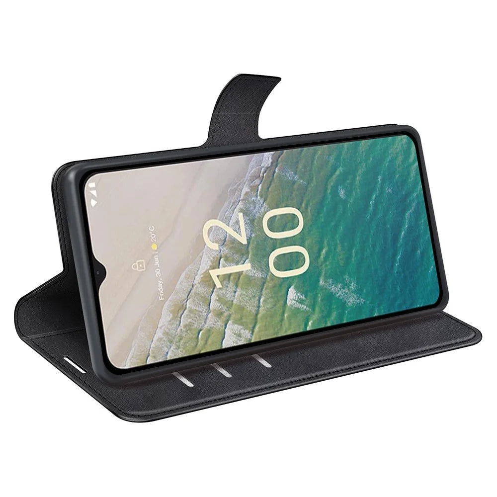 For Nokia C32 Stand Shell Wallet Square Magnetic Closure PU Leather Calf Texture Phone Case - Black - 3