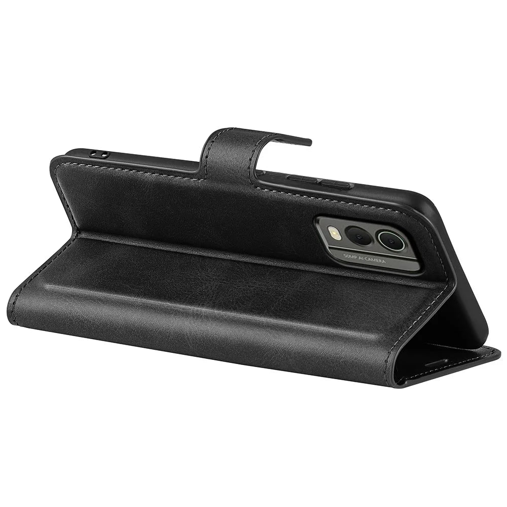 For Nokia C32 Stand Shell Wallet Square Magnetic Closure PU Leather Calf Texture Phone Case - Black - 4