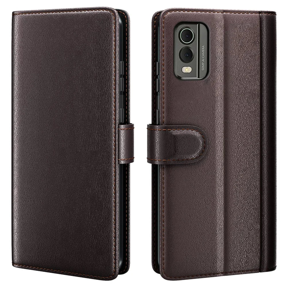 For Nokia C32 Scratch Proof Case Genuine Split Leather Phone Cover with Wallet Stand - Brown - 1